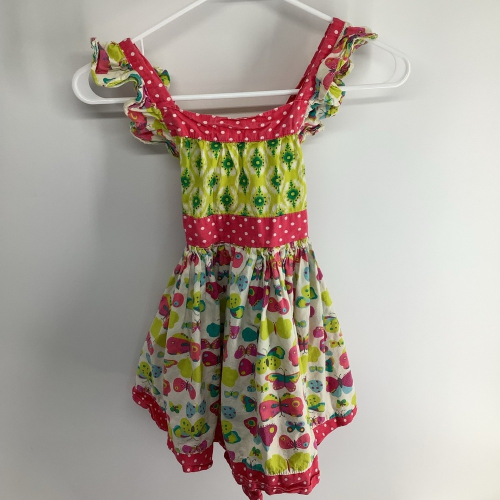 Jelly the Pug Girls Butterfly Ruffle Dress Yellow Pink Mixed Print‎ sz 5